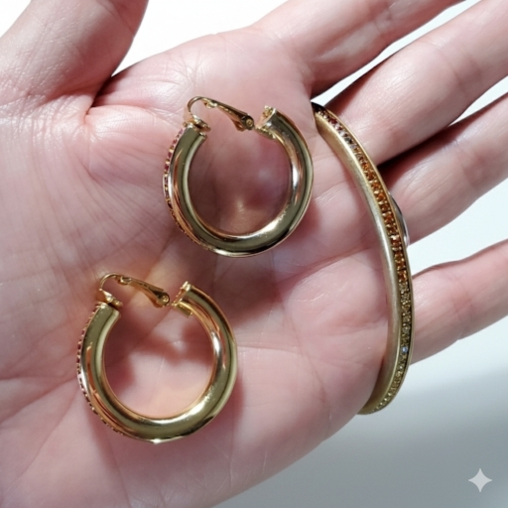 Bracelet & Earrings Set NEW Gold Plated Vintage Rainbow Glass Rhinestone Clip-On - Picture 8 of 11